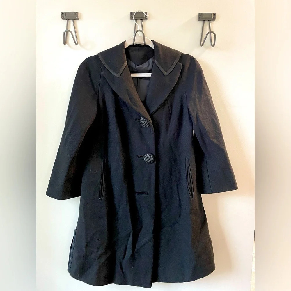 Vintage, ladies 100% wool, hand-tailored black bell shaped peacoat